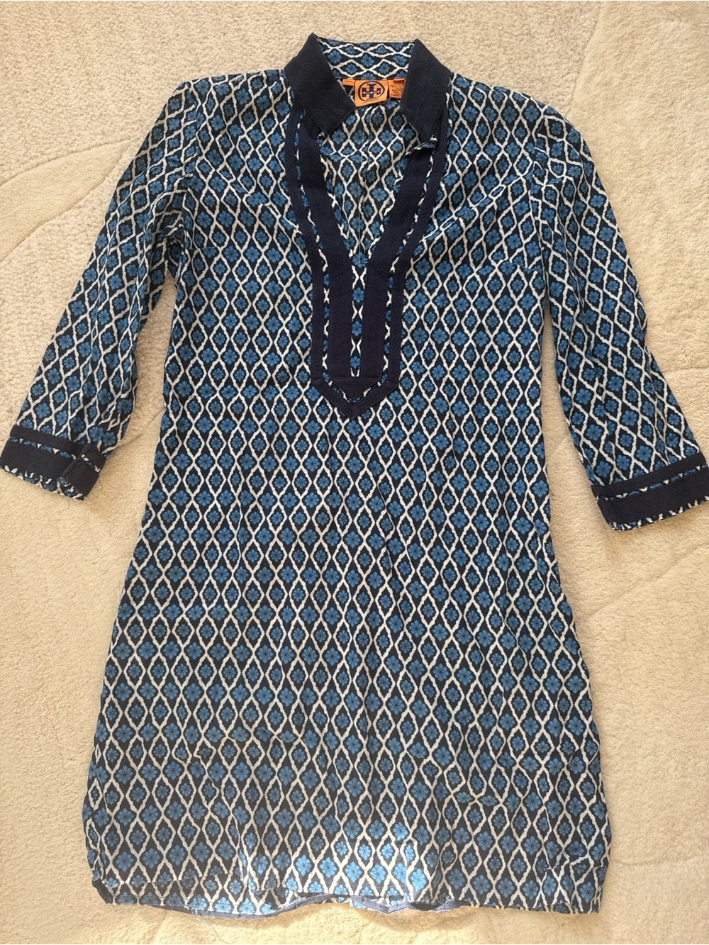 Tory Burch Navy and Light Blue Diamond-Print Tunic